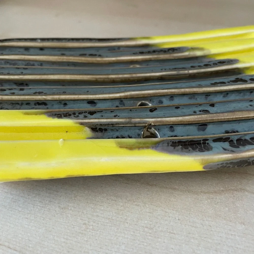 Handmade Ceramic Soap Dish Pottery Yellow Blue Multi Drain Holes Hand‎ Crafted